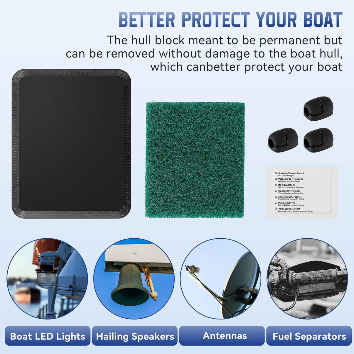 Black transducer mounting plate kit with cleaning pad, instruction sheet, and three black caps