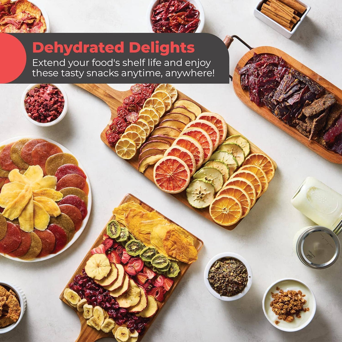 Assorted dehydrated fruit snacks arranged on trays for drying