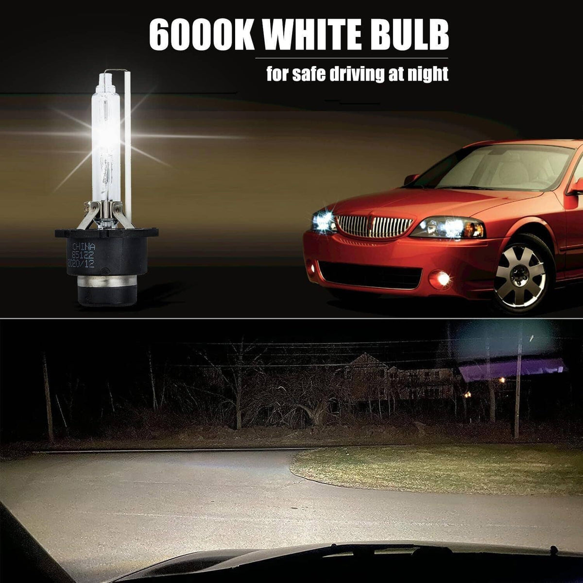 6000K HID bulb with red car headlight glow on night road, bulb shown on left