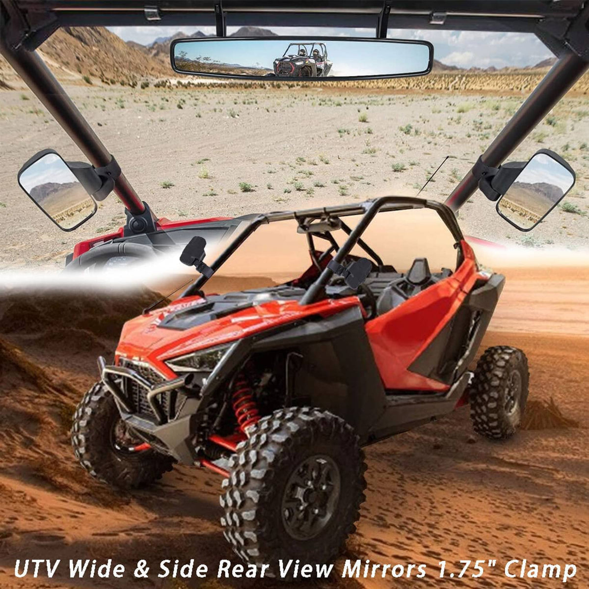 UTV with wide center mirror and two side mirrors mounted on the roll cage