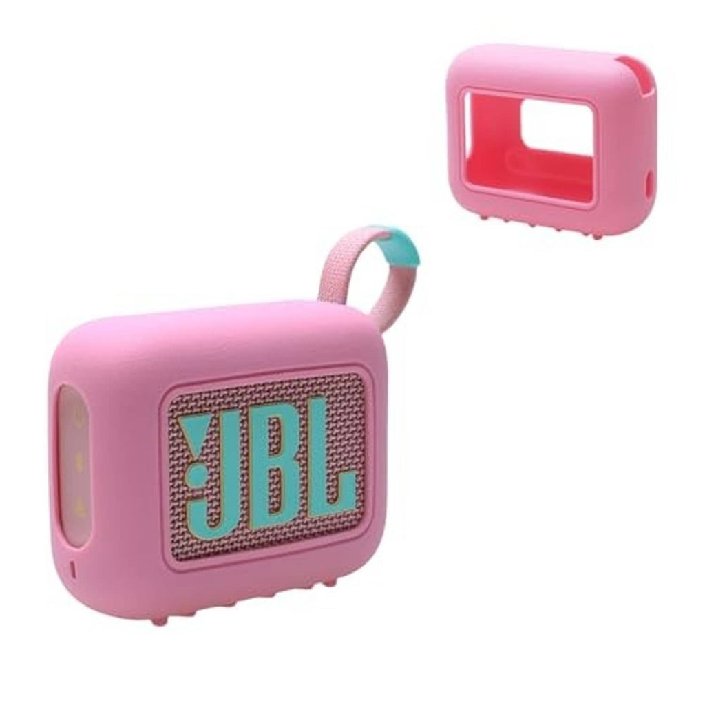 Pink silicone speaker cover case with front JBL logo panel and protective shell.