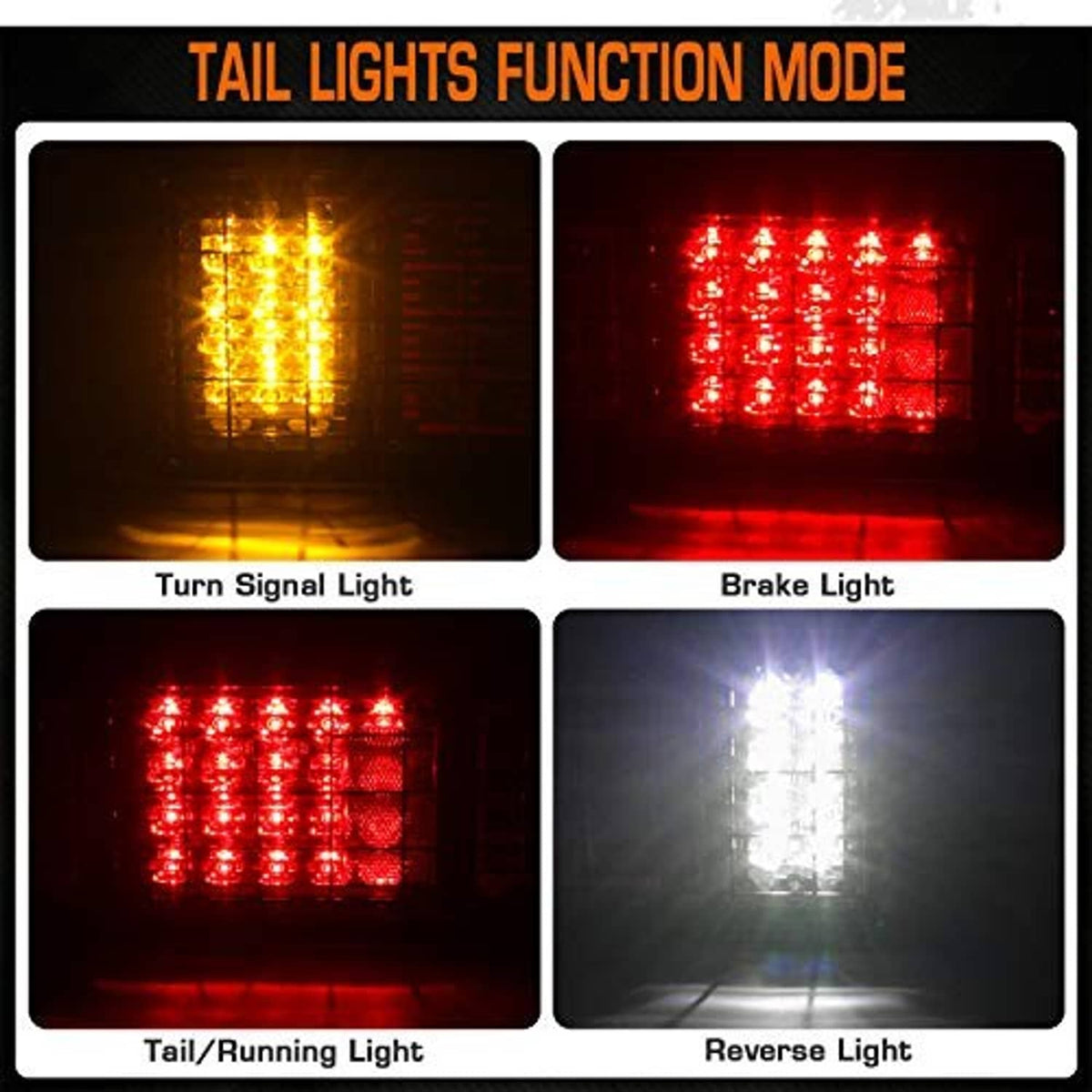 LED tail light bar function modes: amber turn, red brake, white reverse