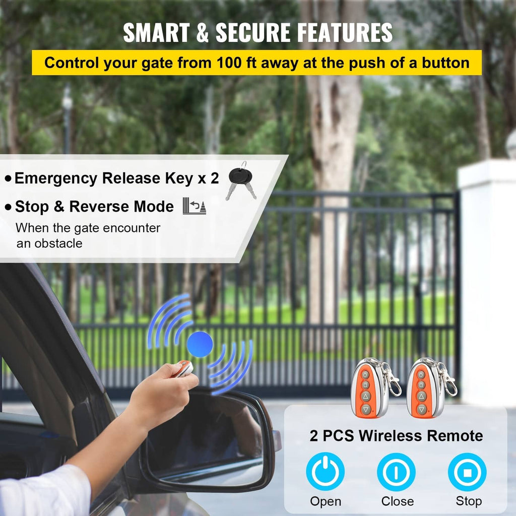 Automatic sliding gate opener with wireless remotes and emergency release key icons