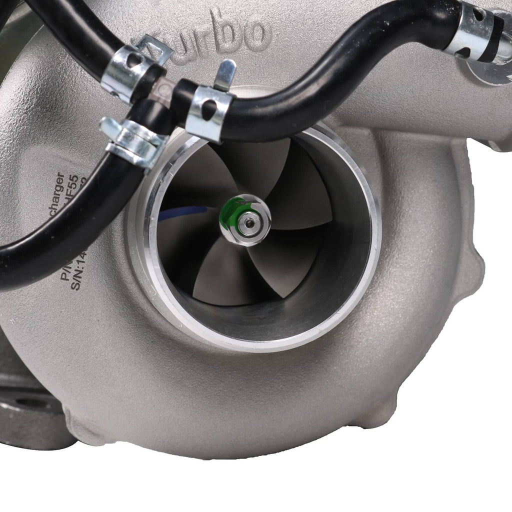 Turbocharger compressor with visible wheel and green-capped sensor on inlet ring