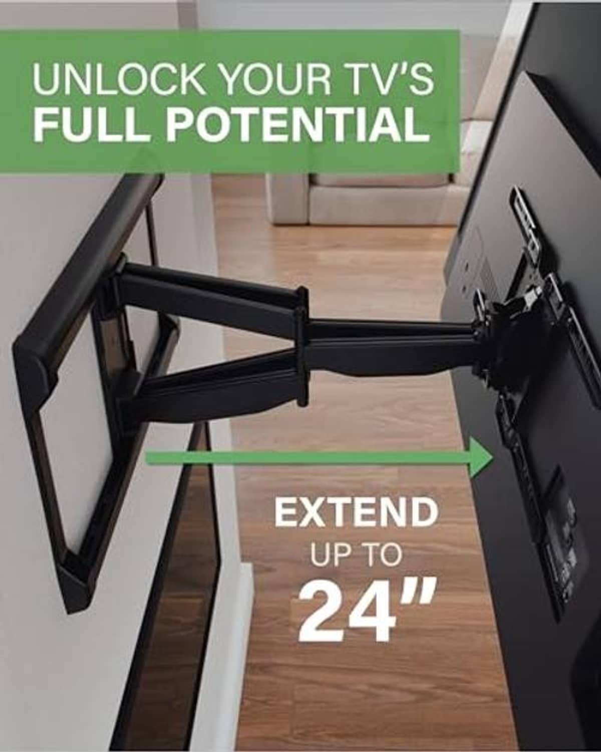 Black full-motion TV wall mount extended outward from wall with TV secured