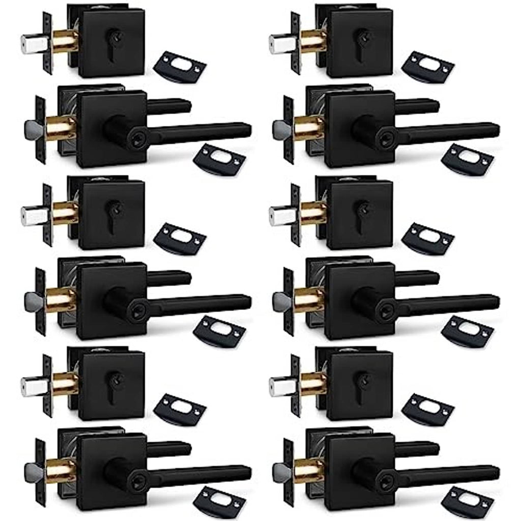 Square matte black keyed entry deadbolt lock set with lever handle and keys, 6-pack