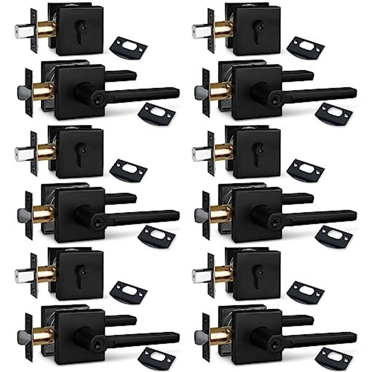 Square matte black keyed entry deadbolt lock set with lever handle and keys, 6-pack