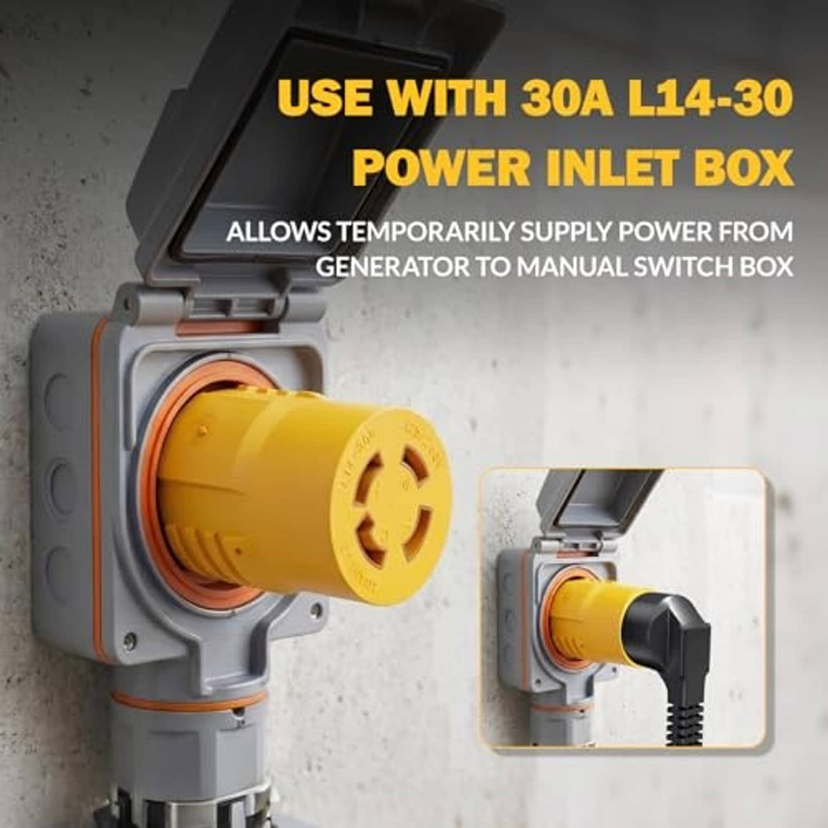 Yellow generator transfer switch adapter installed on power inlet box