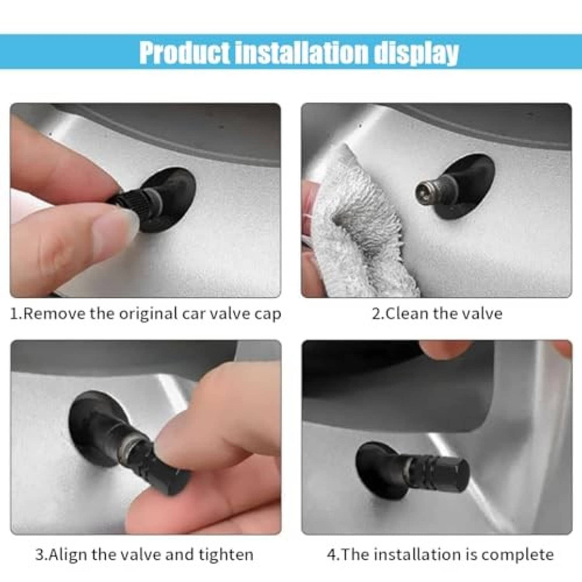 Step-by-step installation of a black tire valve cap on a wheel valve stem.