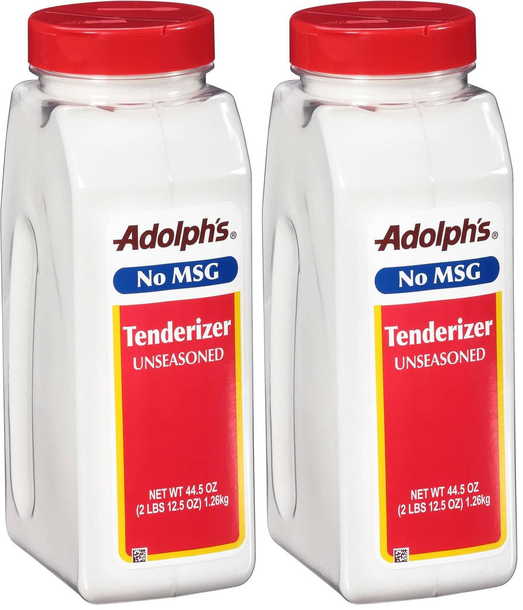 Adolph's unseasoned meat tenderizer bottles, white/red label, two-pack, 44.5 oz