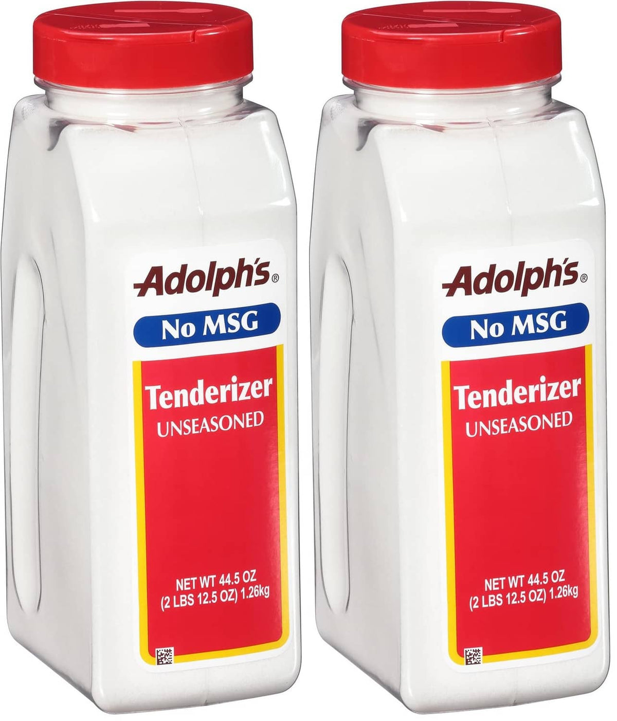Adolph's unseasoned meat tenderizer bottles, white/red label, two-pack, 44.5 oz