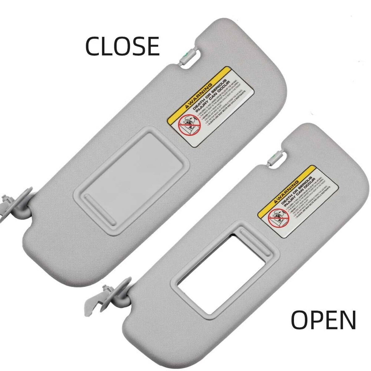 Pair of light gray driver and passenger sun visors with warning labels
