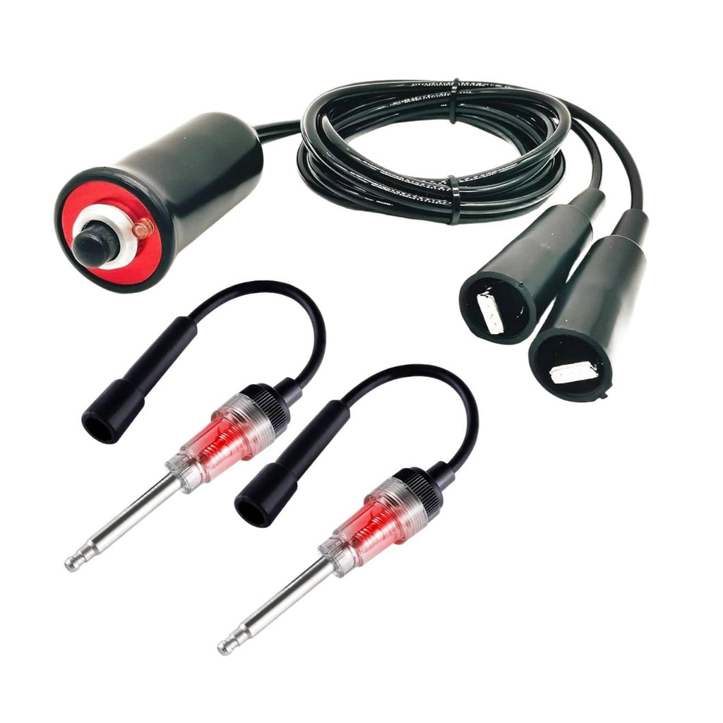 Ignition spark tester kit with black units, red indicator rings, and coiled cable leads