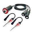 Ignition spark tester kit with black units, red indicator rings, and coiled cable leads
