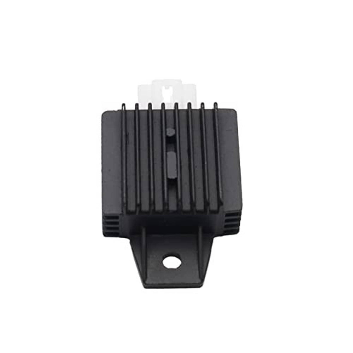 Black voltage rectifier regulator module with exposed mounting hole and white 4-pin top.