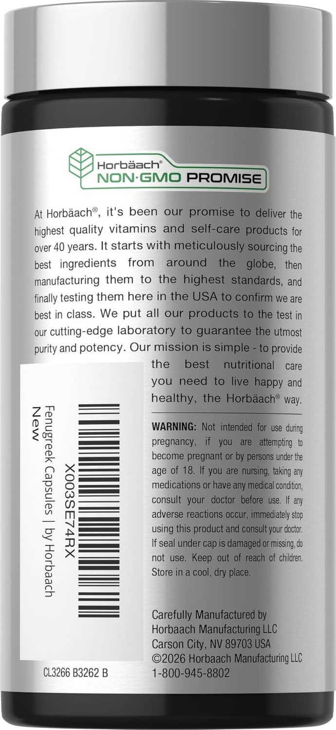 Horbäach Fenugreek Capsules bottle, 150 count, non-GMO