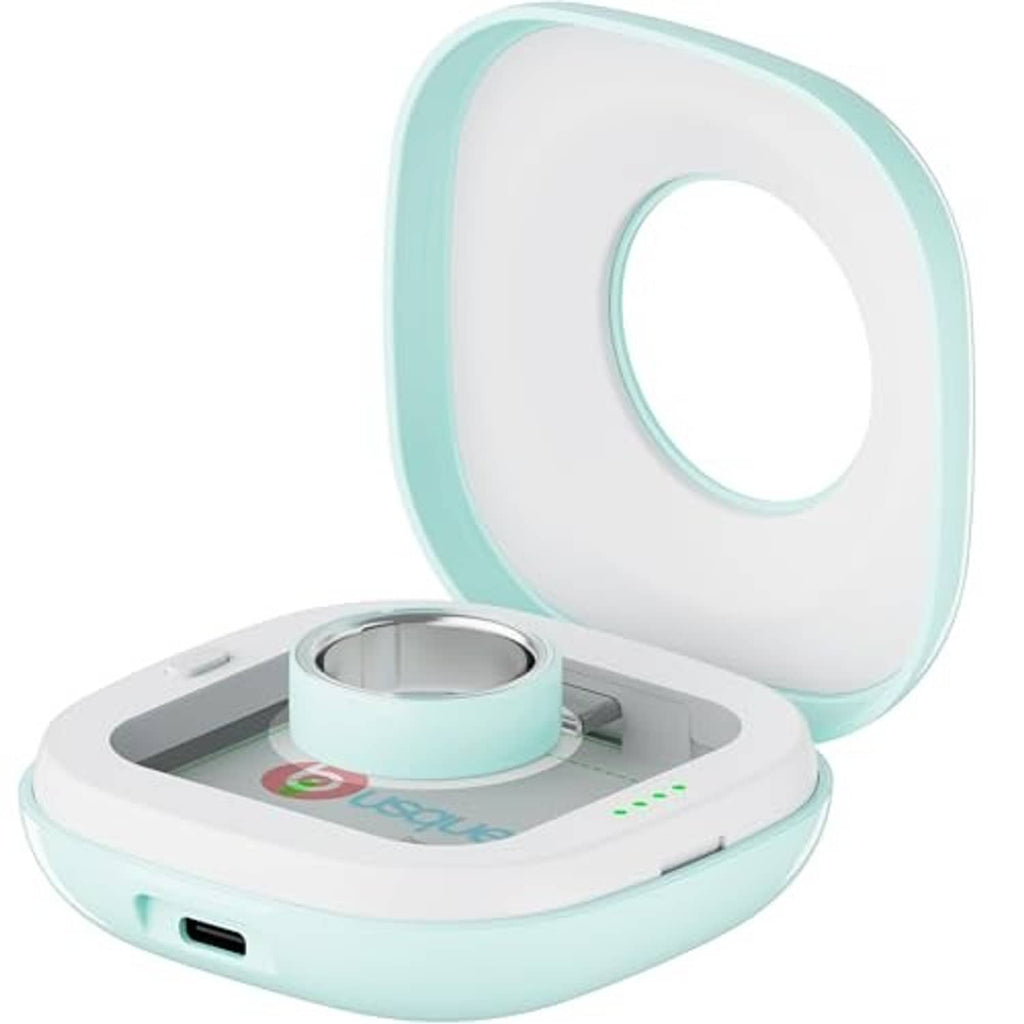 Teal and white portable charging case with lid open and charging LEDs on base