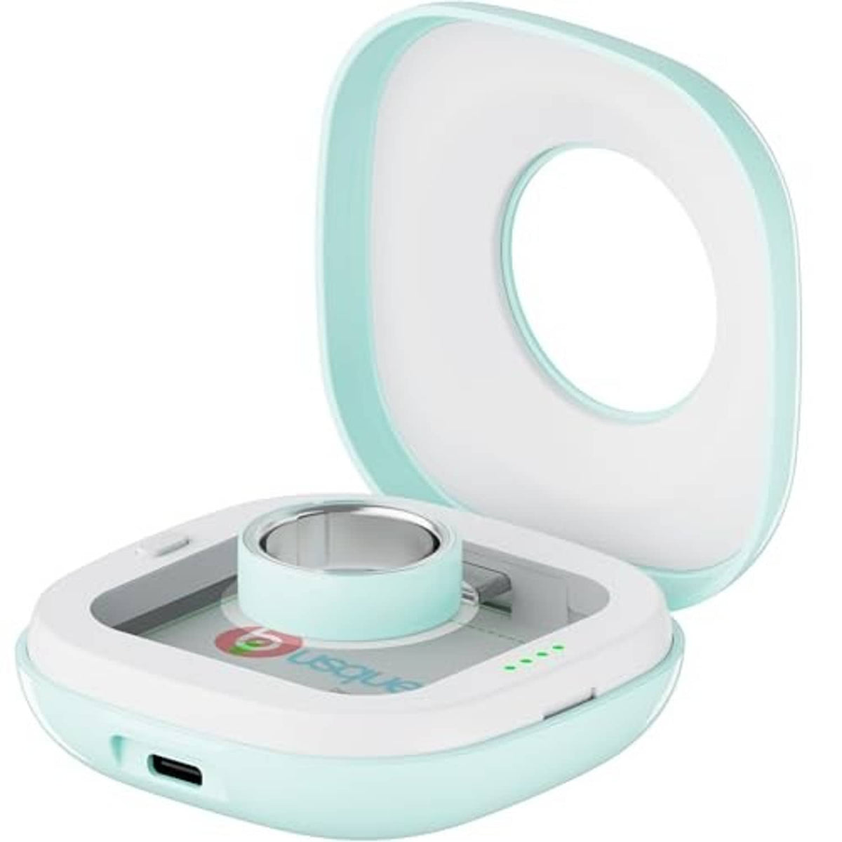 Teal and white portable charging case with lid open and charging LEDs on base