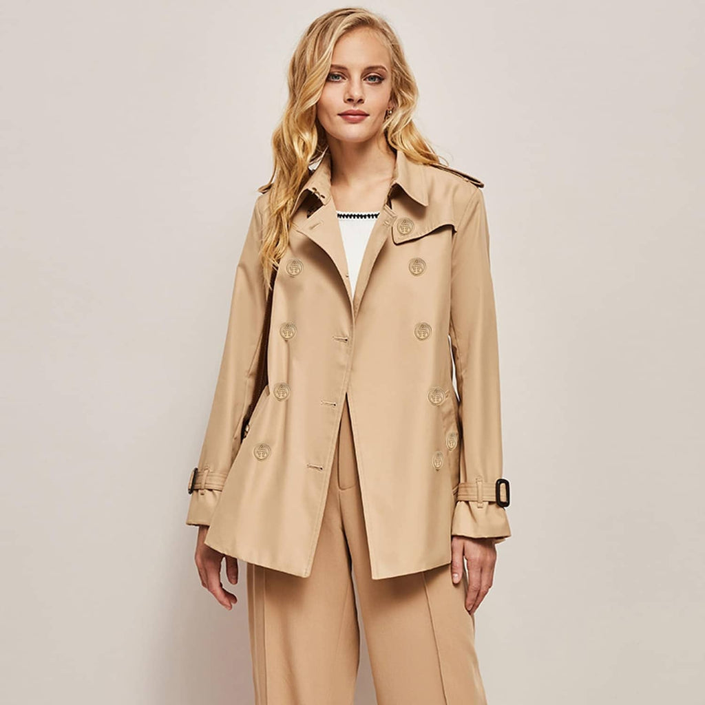 Beige trench coat with gold round anchor pattern buttons at front