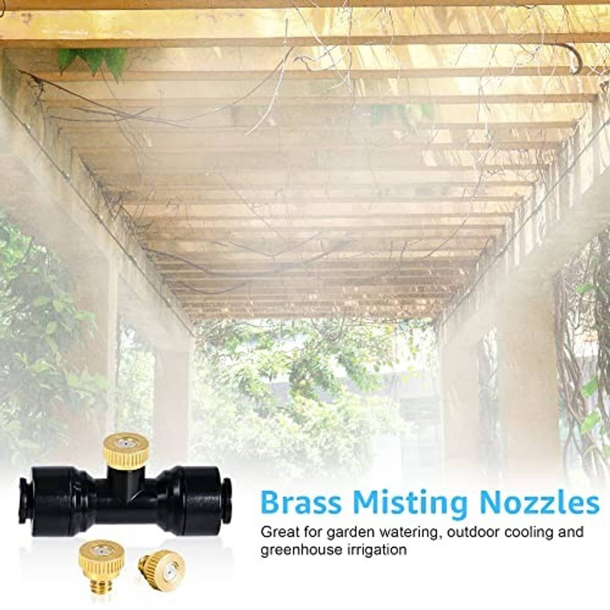 Brass misting nozzles mounted along an outdoor cover with fine spray output