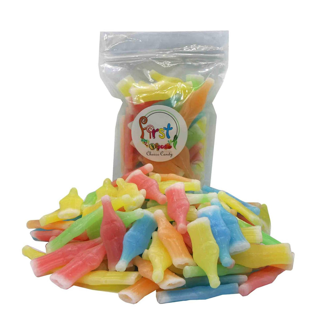 Bag of wax bottle-shaped candies with label, pastel green, orange, pink, blue
