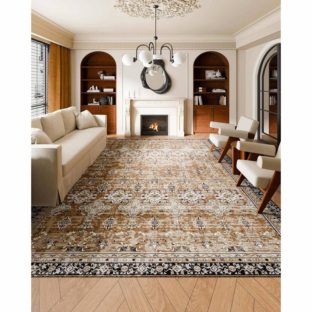 Vintage area rug with ornate medallion pattern in brown, beige, and teal on floor
