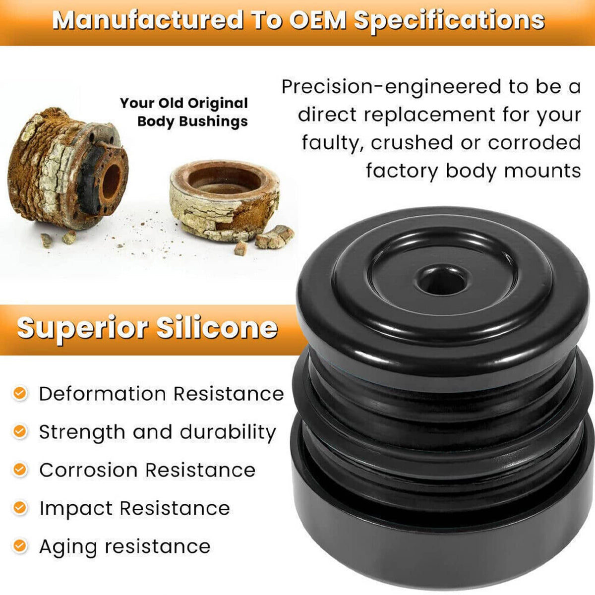 Silicone body mount bushing set, black stack with circular center opening