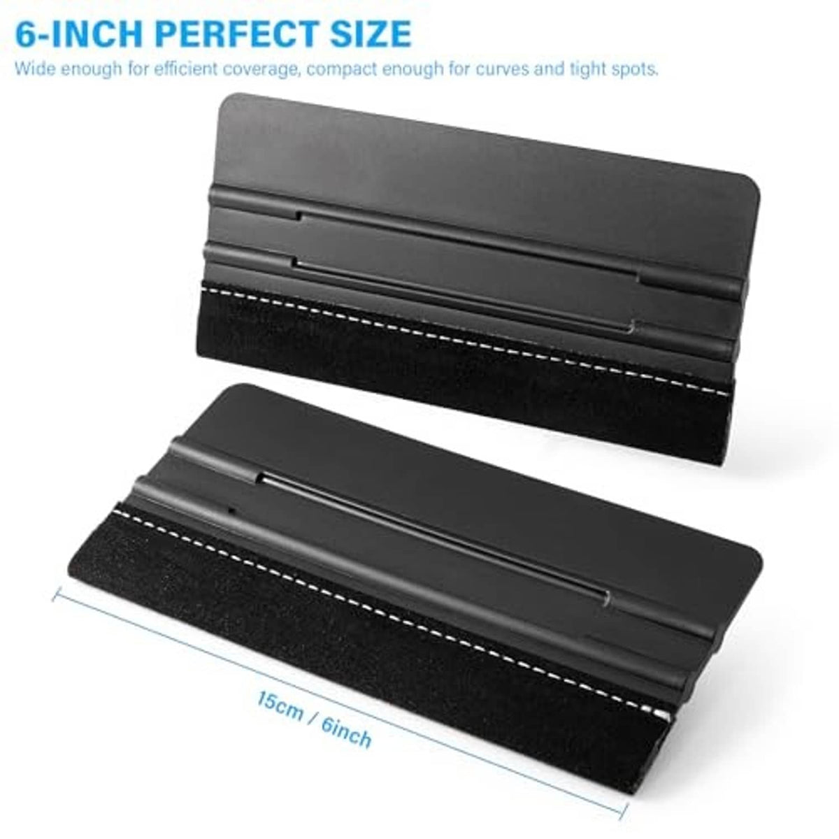 Two black 6-inch vinyl squeegees with stitched edges and dual scraper bar