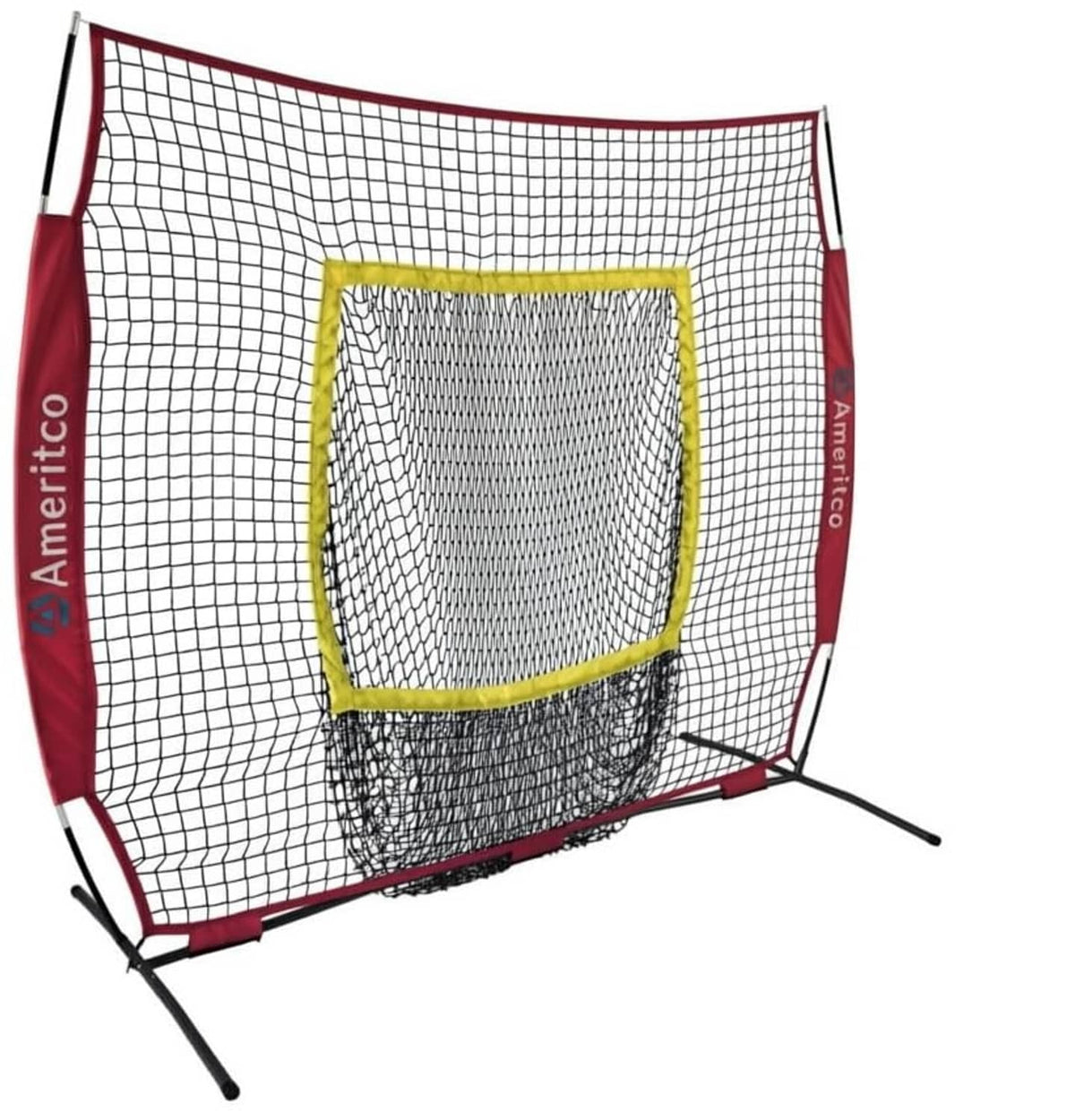 Baseball practice net with square strike zone target, side view showing red uprights and white mesh