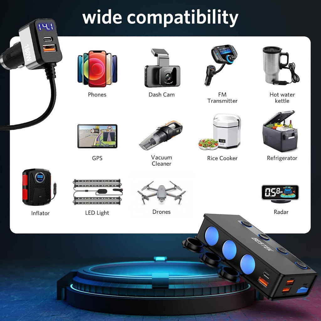 Car charging splitter with wide device compatibility, wide USB-C and USB ports