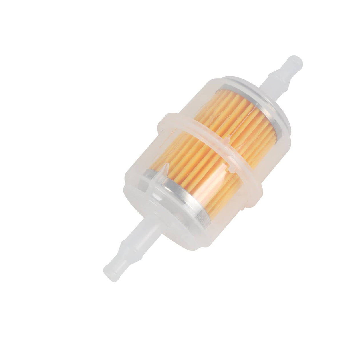 Inline fuel filter with clear housing and orange pleated cartridge element