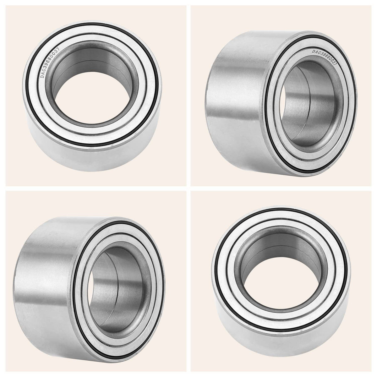 Wheel bearing set shown from front, side, and angled views on light background
