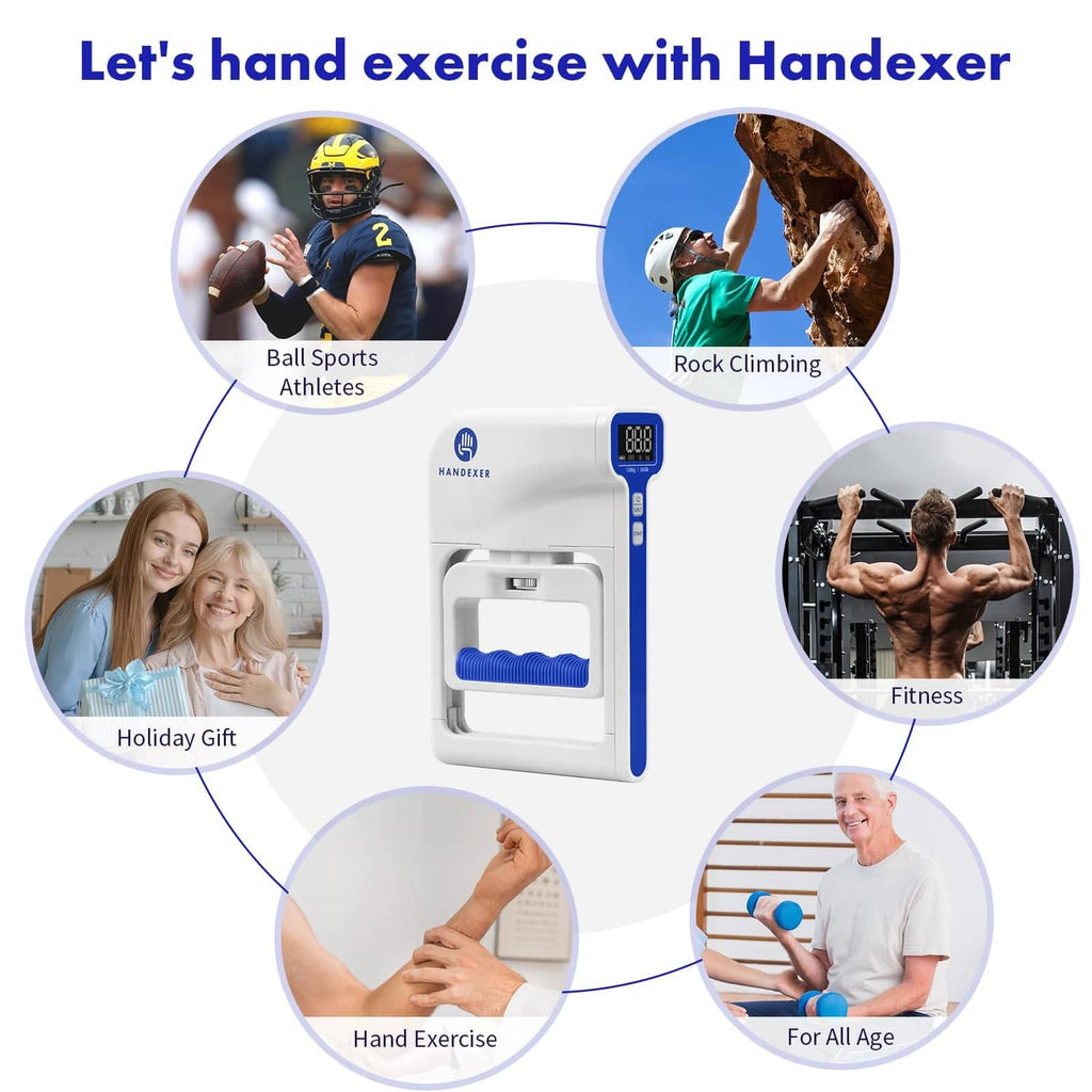 White-and-blue grip strength tester with digital display shown in a fitness-themed gift layout.