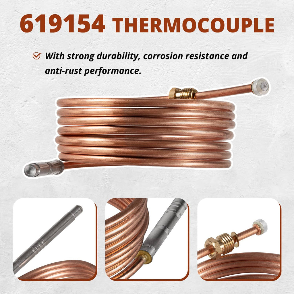 Thermocouple assembly with copper coil and two gray-tipped terminals, replacement part