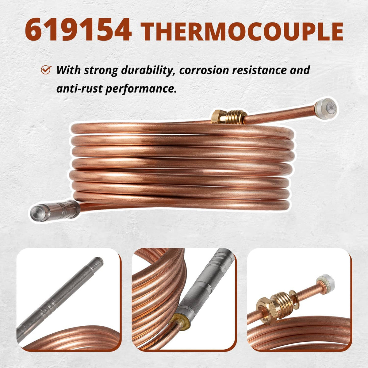 Thermocouple assembly with copper coil and two gray-tipped terminals, replacement part