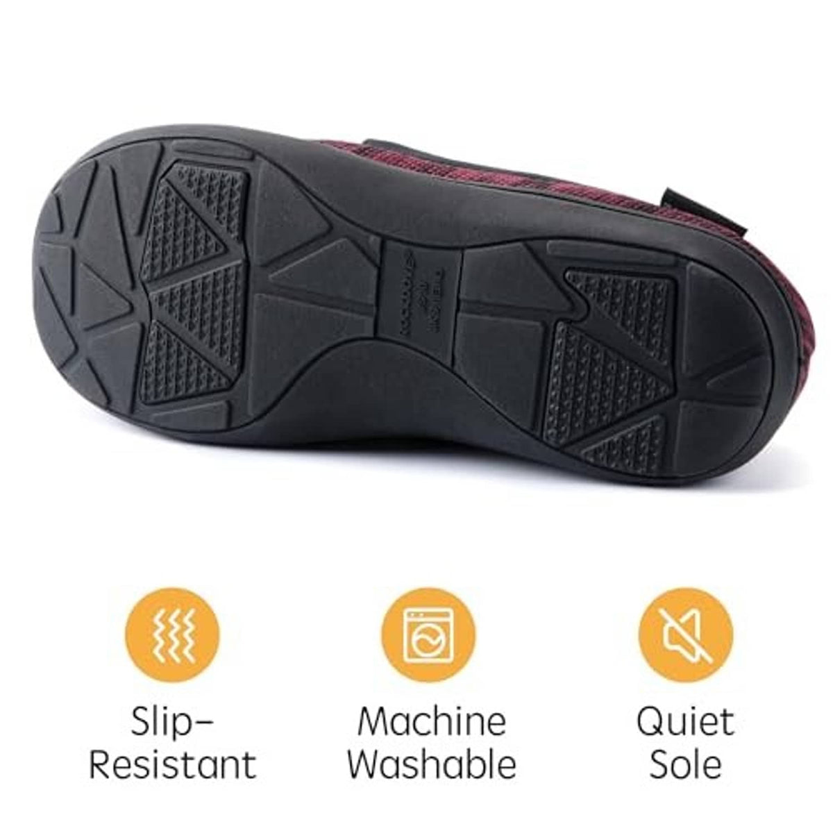 Burgundy tweed moc slipper outsole with durable rubber tread pattern