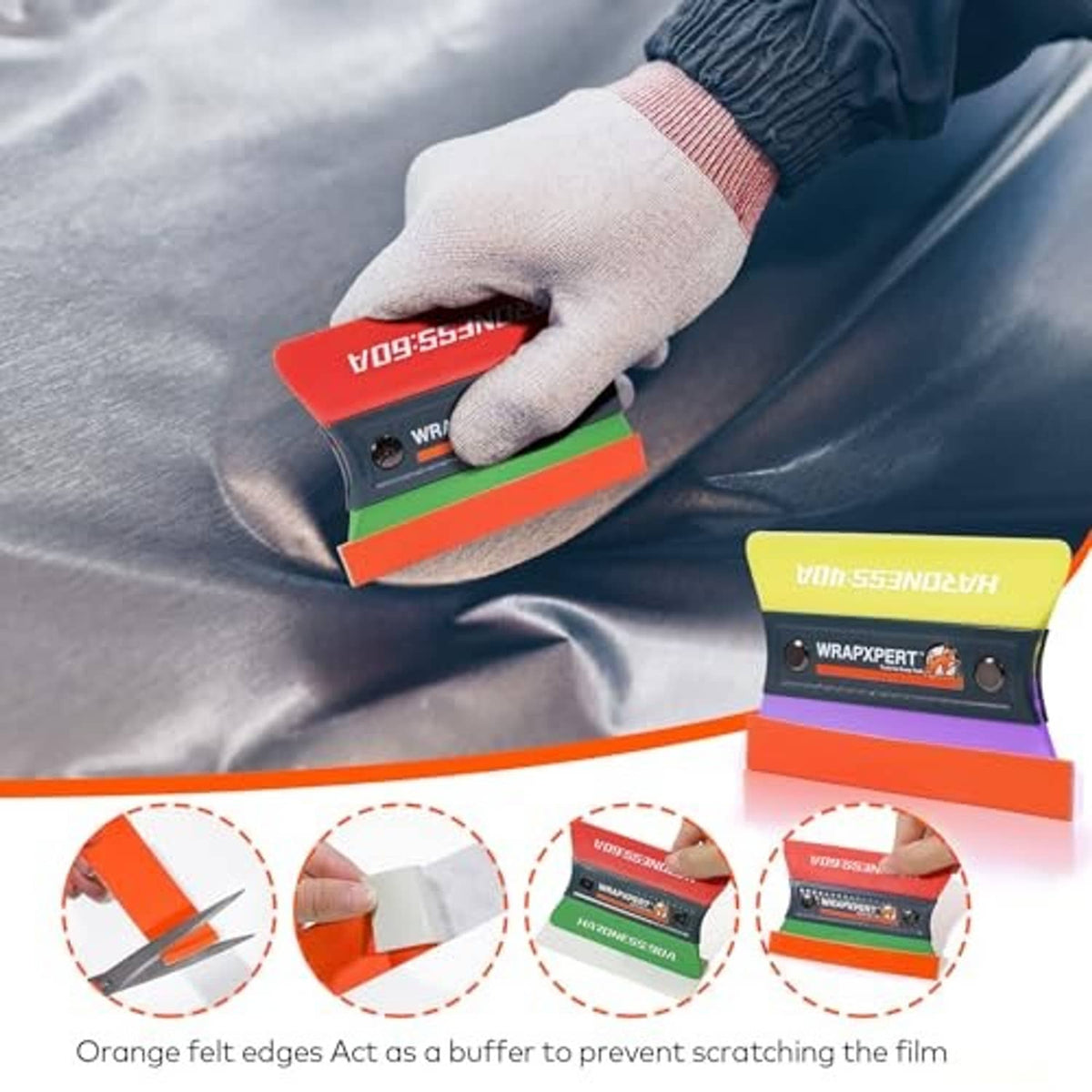 Hand using a felt magnetic vinyl wrap squeegee to smooth film on a dark surface