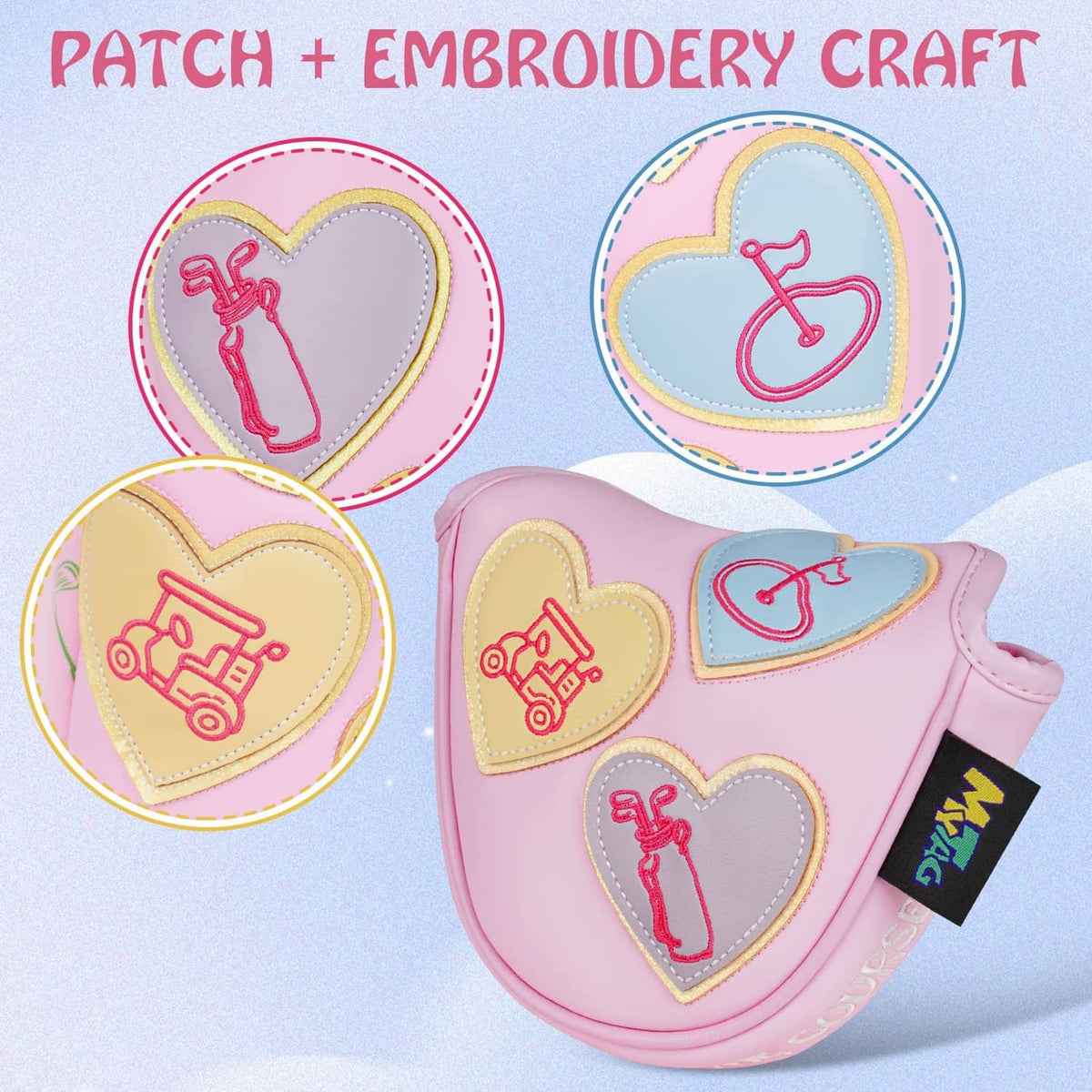 Pink mallet putter cover with patch and embroidery hearts plus golf-club icons.