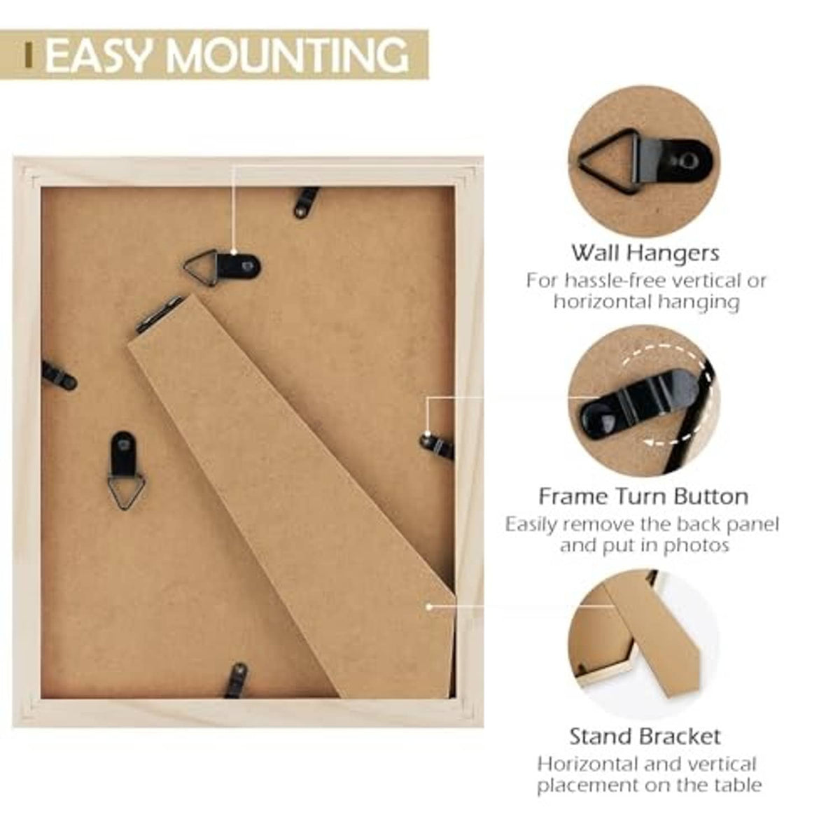 White picture frame with wall hanging hardware and removable frame turn button