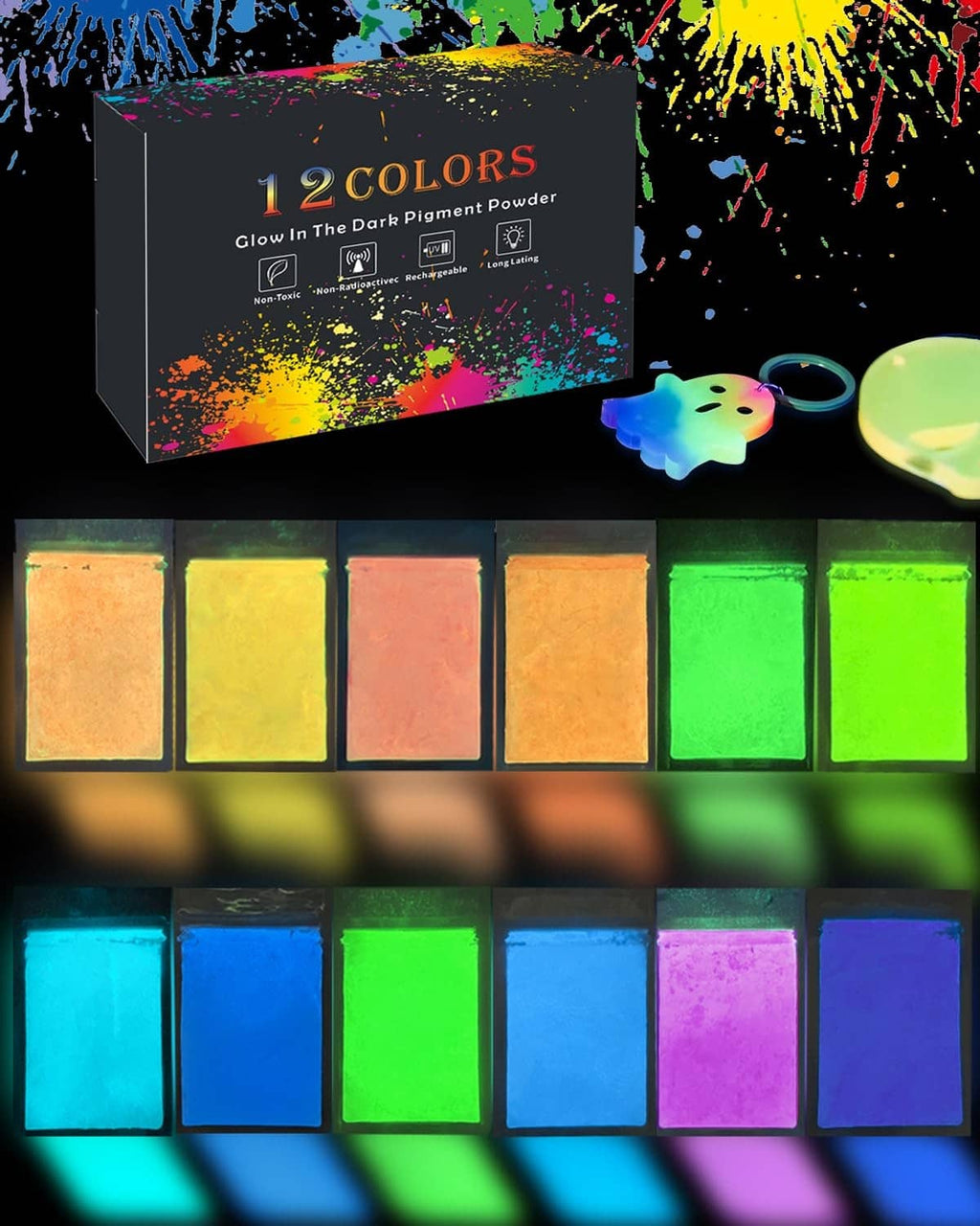 Luckymica glow-in-the-dark pigment powder set, 12 color mica powder jars and swatches