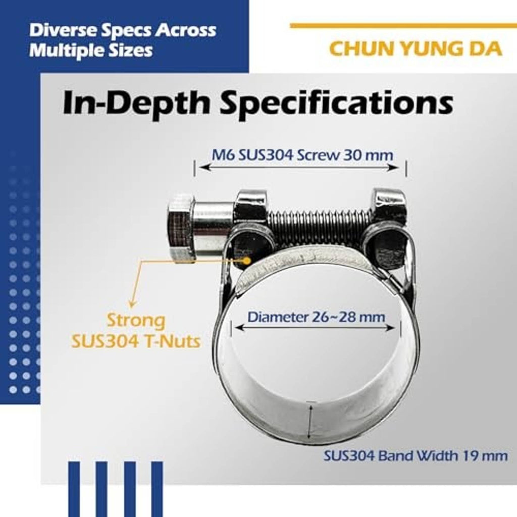 Stainless steel T-bolt hose clamp diagram showing band size and SUS304 T-nuts