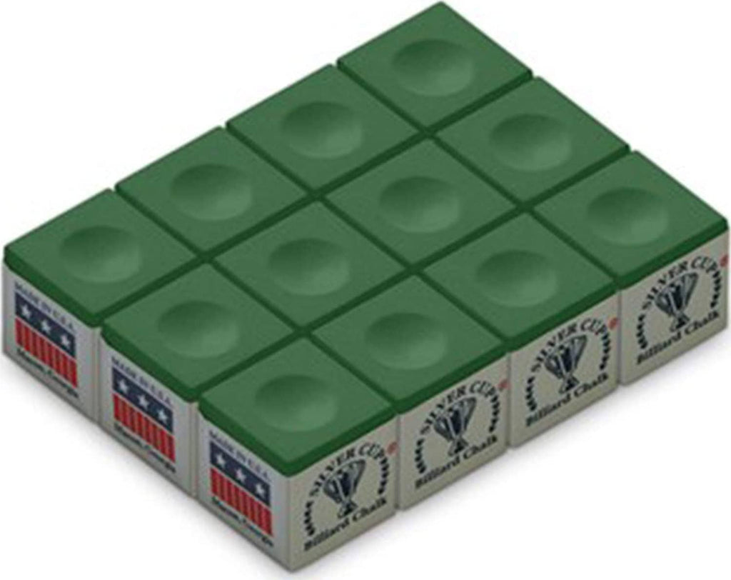 Green billiard chalk blocks in a boxed pack, twelve pieces visible on top
