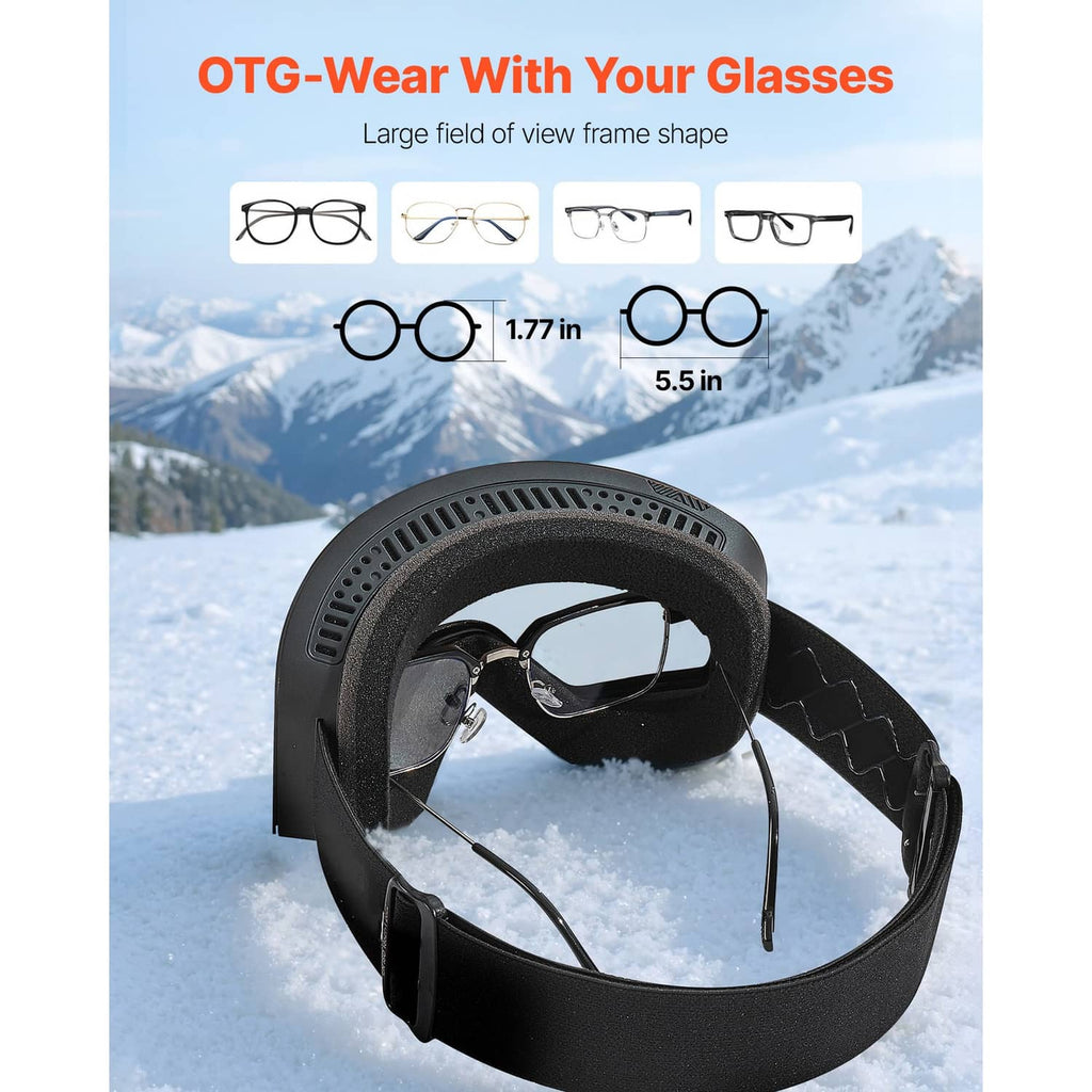 OTG-compatible black ski goggles with silver lens and wide field-of-view frame.