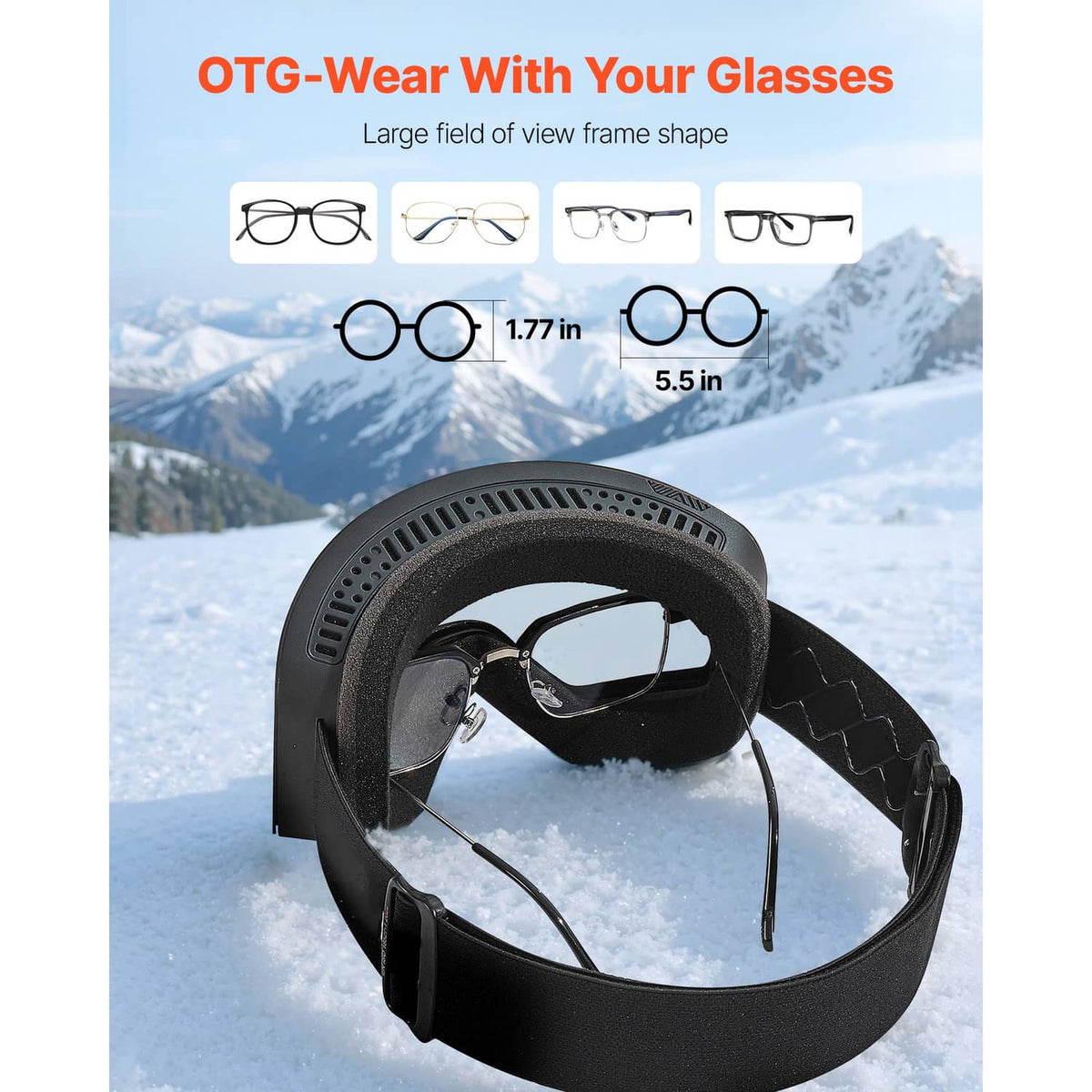 OTG-compatible black ski goggles with silver lens and wide field-of-view frame.