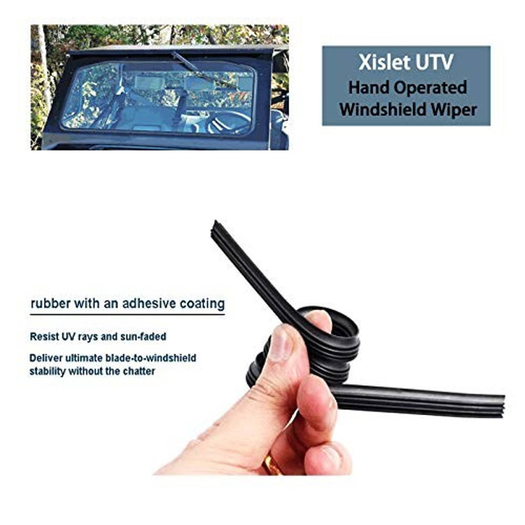 Hand holding black UTV windshield wiper blade with rubber edge and adhesive coating