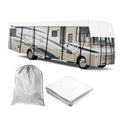 Gray RV roof cover with white storage bag and folded cover for 9.5m x 3m