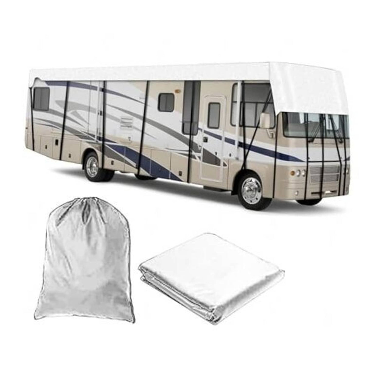 Gray RV roof cover with white storage bag and folded cover for 9.5m x 3m