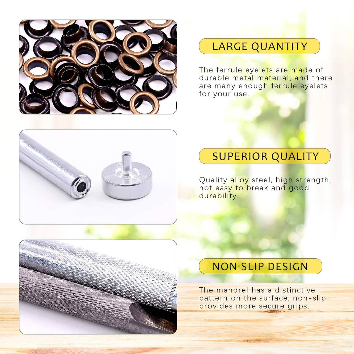 Bronze grommet eyelets with metal punch base and textured, non-slip handle