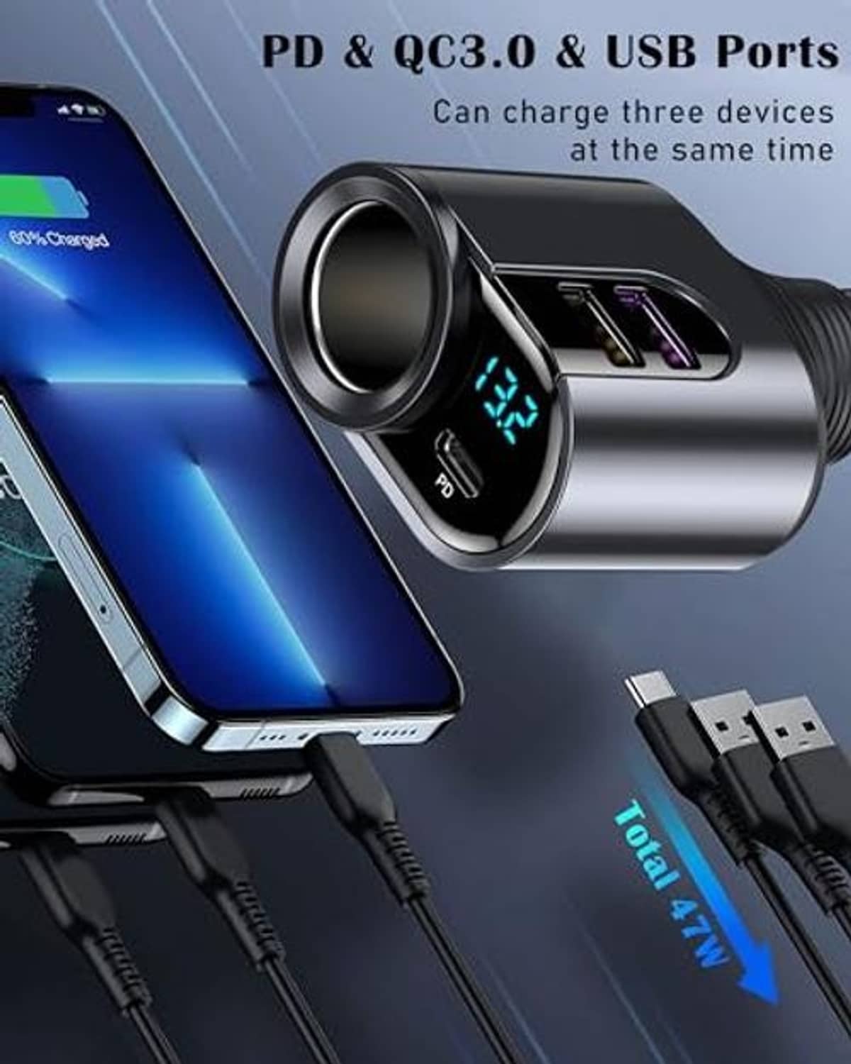 Silver car USB charger with circular socket, 3 USB outputs, and blue LED display