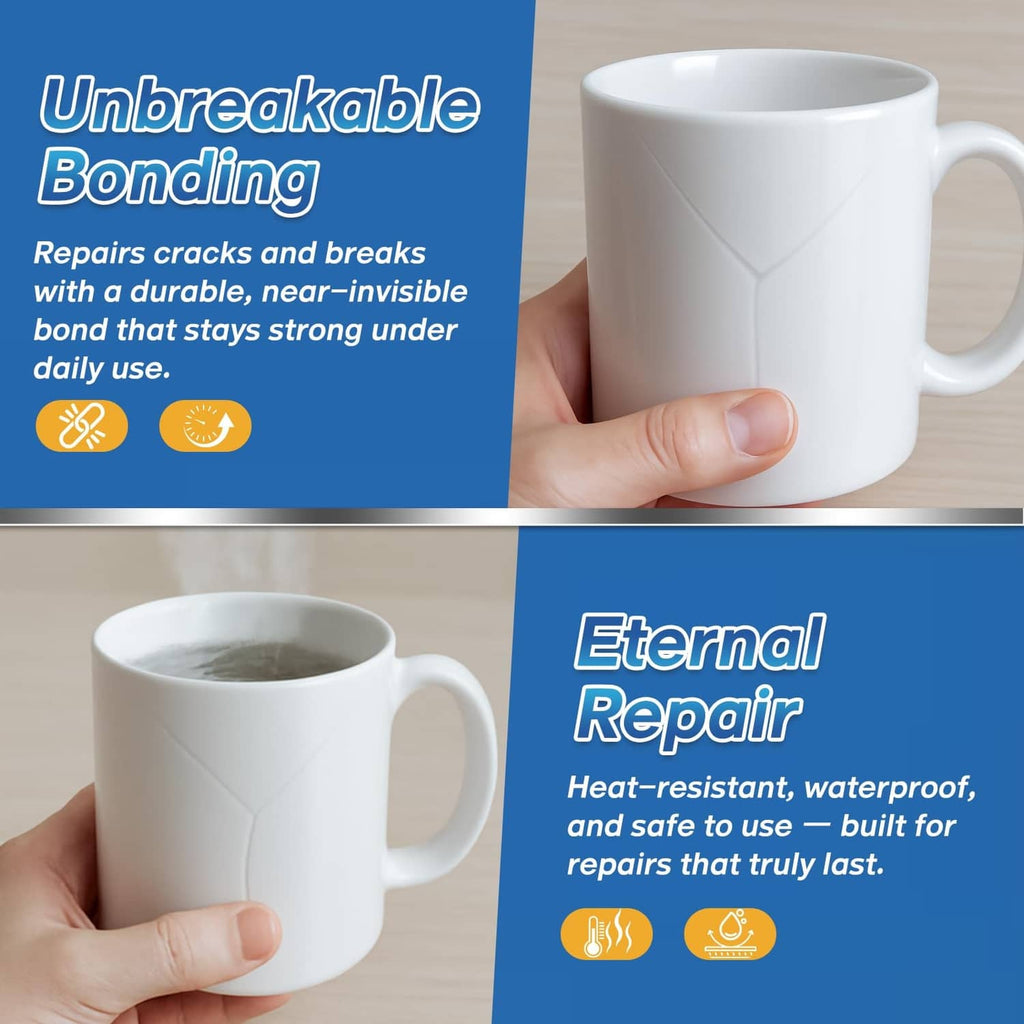 Hand holding a white ceramic mug with repaired crack lines; ceramic glue bonding
